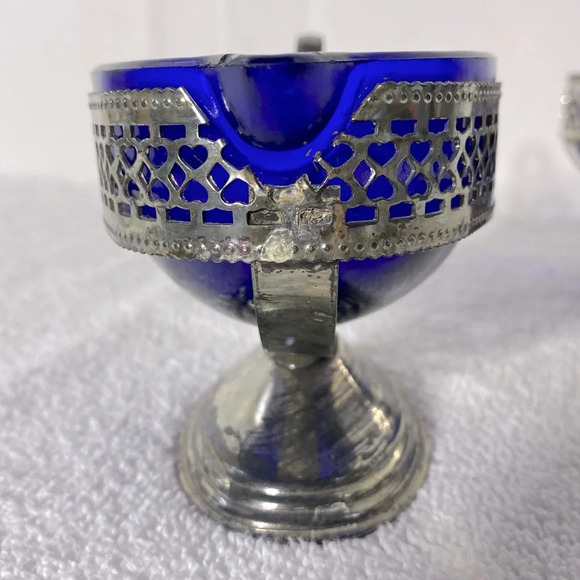 Vintage Silver Tone Pedestal Cobalt  Blue Glass Royal Sapphire Cream & Sugar Set - Picture 5 of 16